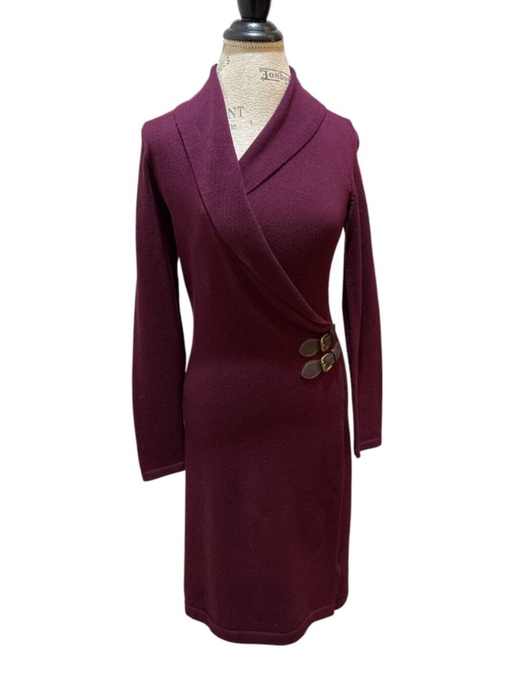 Chaps Sz S Plum Purple Knit Faux Wrap V-Neck Long Sleeve Dress